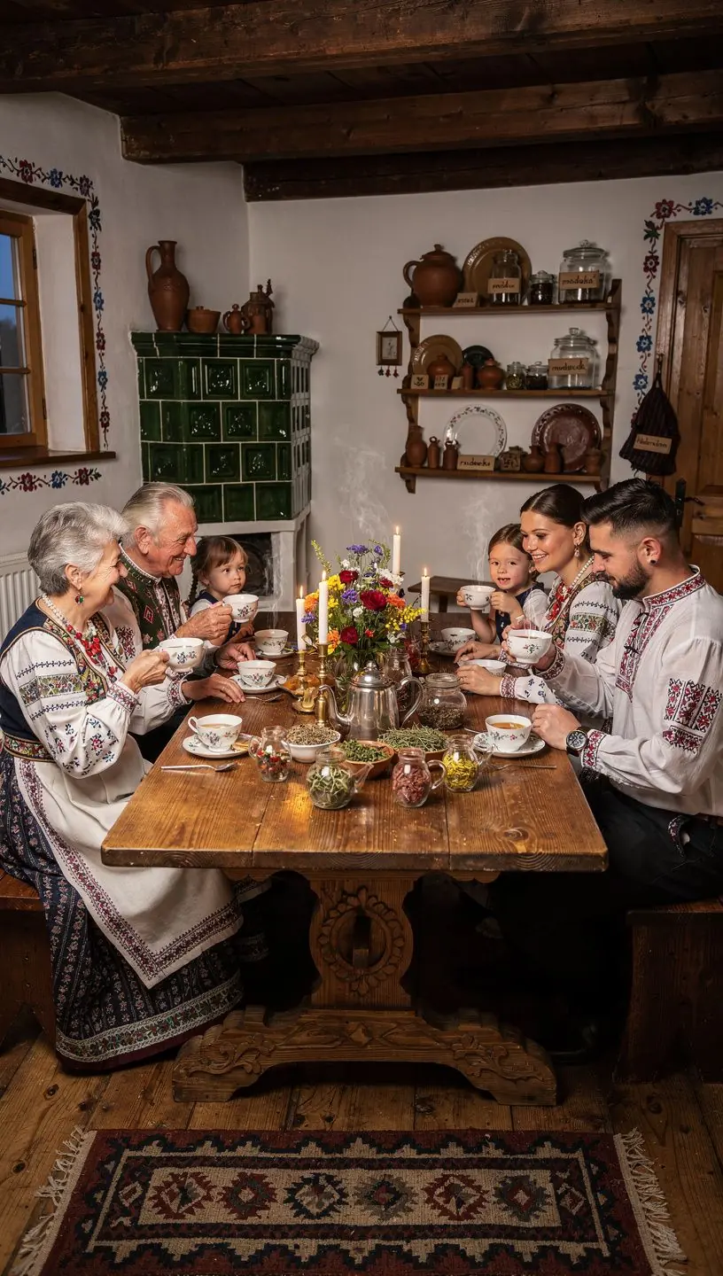 Tradičný slovenský čaj s bylinkami na drevenom stole.