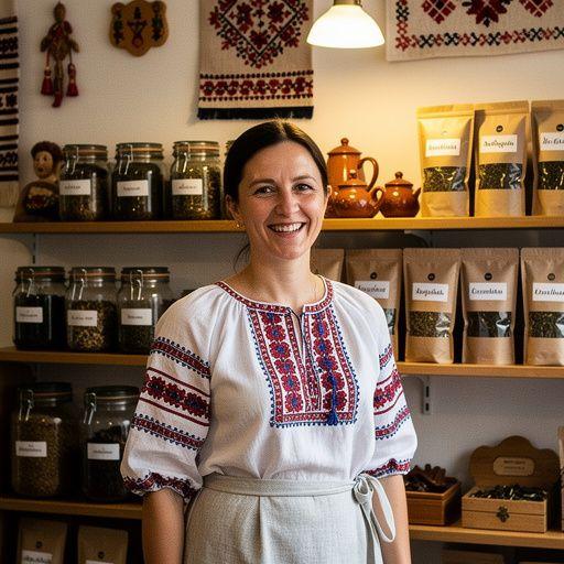 Čajová súprava s tradičným slovenským dizajnom, obklopená prírodnými ingredienciami.